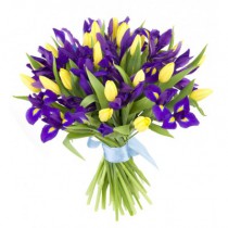 Patriotic bouquet of yellow tulips and irises